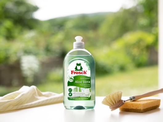 A Frosch dishwash lotion Aloe Vera bottle stands next to a cleaning brush and towel